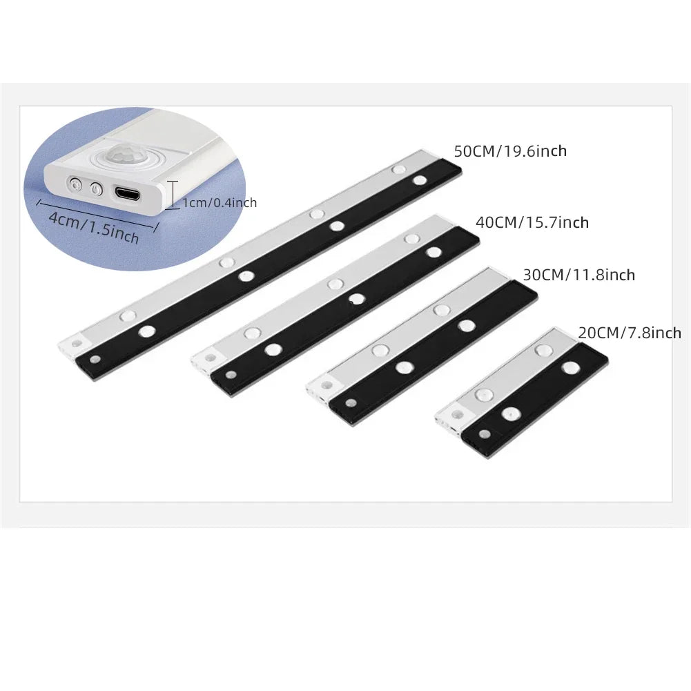Lumière LED Blanche/Noire pour Armoire Rechargeable par USB Capteur de Mouvement pour Cuisine Garde-Robe Éclairage d'Armoire 20cm/30cm/40cm/50cm